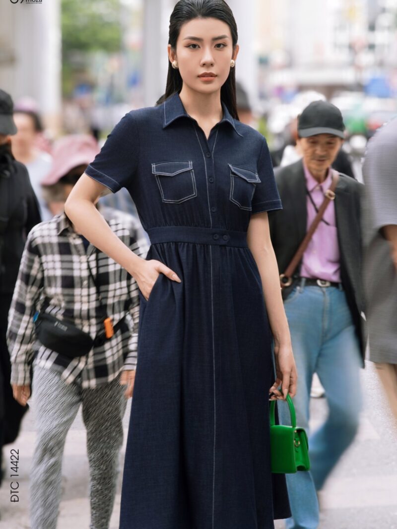 Váy denim dáng xòe cổ sơ mi phối túi 25S52ĐTCX14422-1