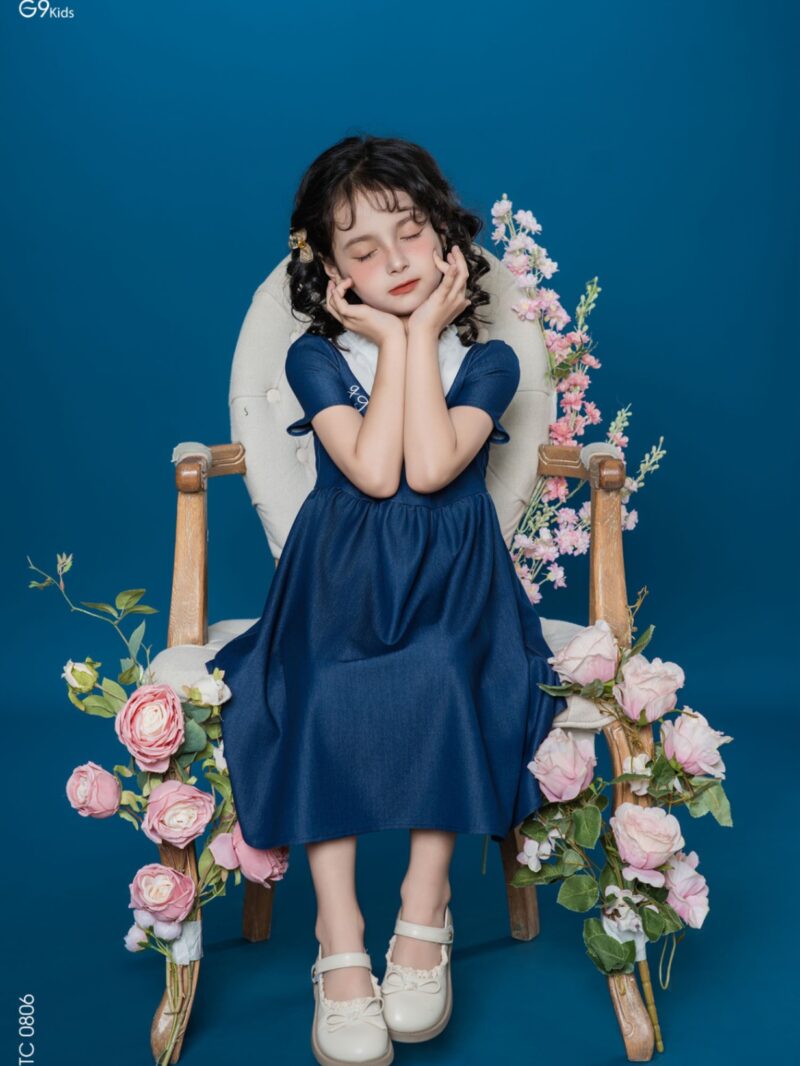 Váy bé gái tay cộc phối nơ chất liệu jeans lụa 25S16BĐTC0806-1