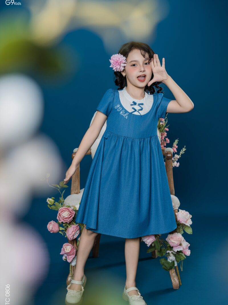 Váy bé gái tay cộc phối nơ chất liệu jeans lụa 25S16BĐTC0806-2