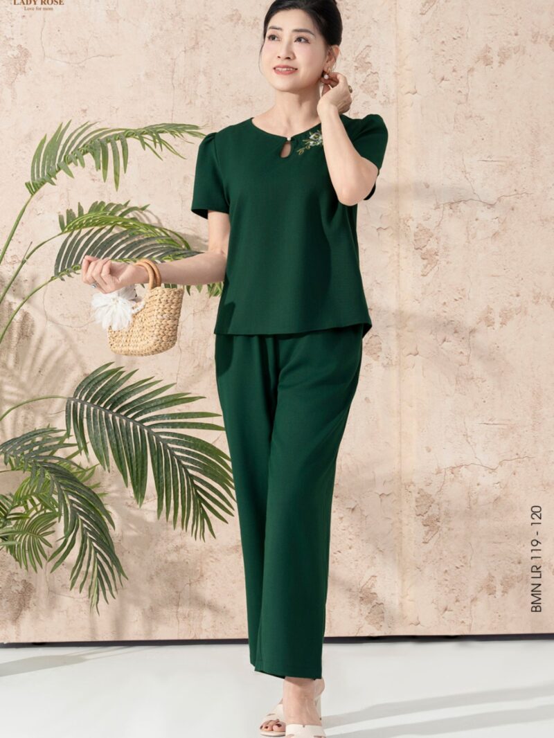 Bộ mặc nhà áo tay cộc quần dài dáng suông chất đũi hàn 25S17BMNLR119+120-2