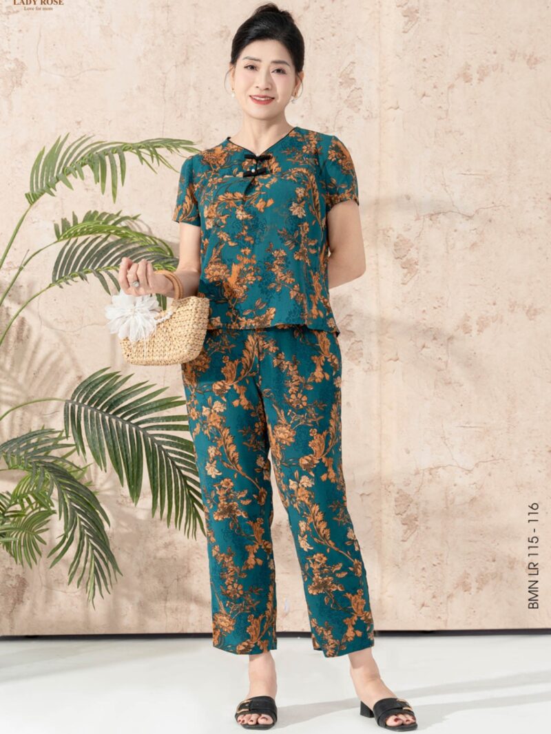 Bộ mặc nhà áo tay cộc quần dài chất liệu đũi hàn 25S16BMNLR115+116-1