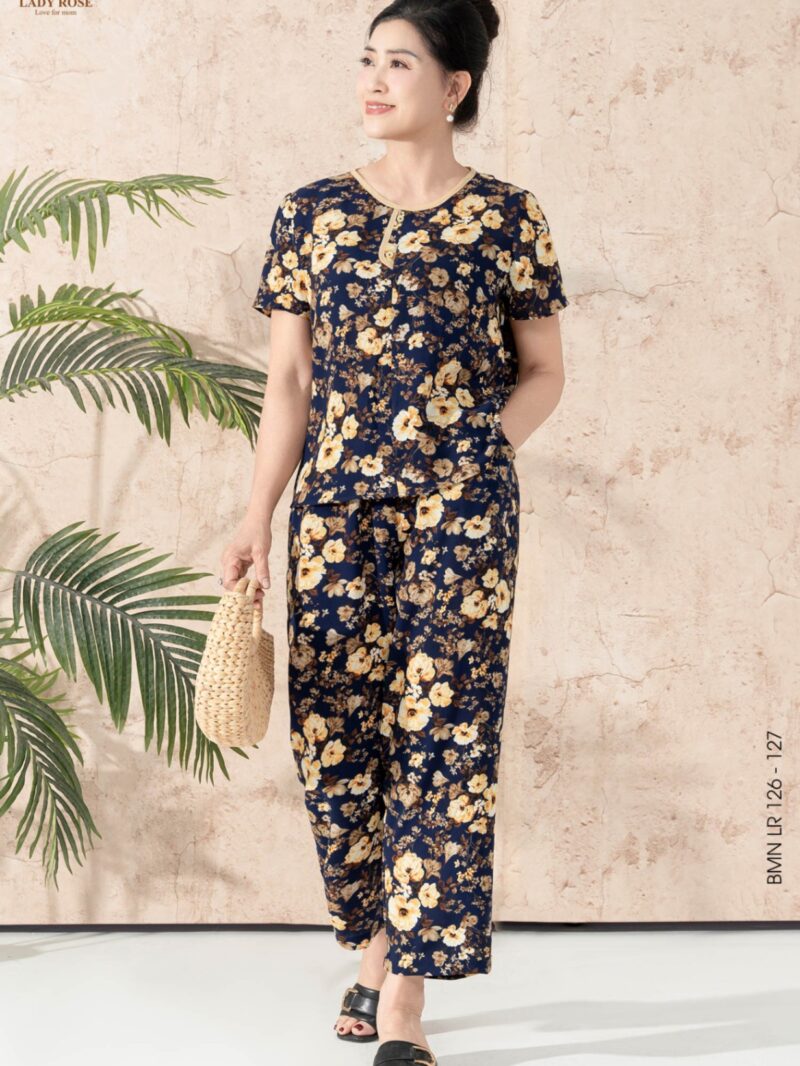 Bộ mặc nhà áo tay cộc quần dài ống suông chất liệu đũi hàn 25S12BMNLR126+127-1