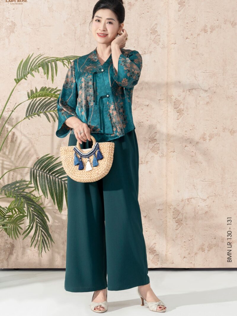 Bộ mặc nhà áo lụa tay lỡ, quần đũi hàn ống rộng 25S51BMNLR130+131-1