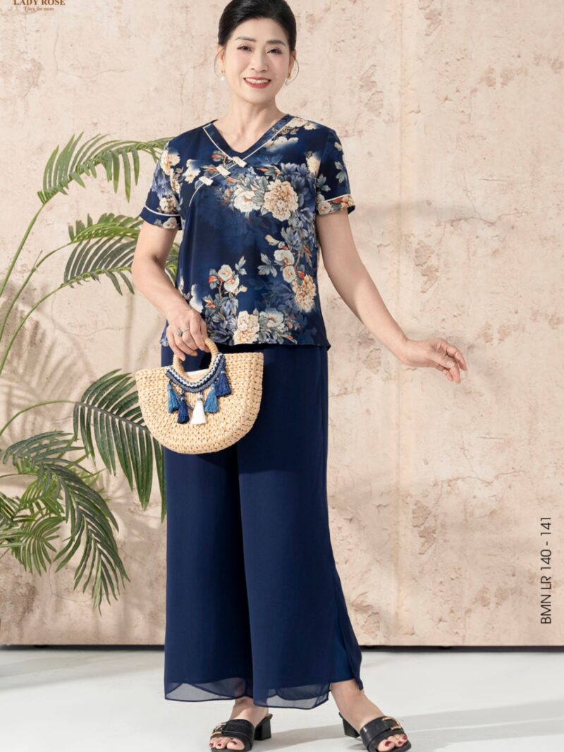 Bộ mặc nhà áo lụa tay cộc quần ống suông 25S17BMNLR140+141-1