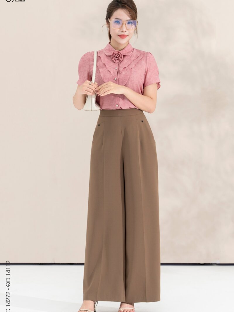 Áo sơ mi tay cộc cổ phối bèo đính hoa 3D 25S51ATC14272-2