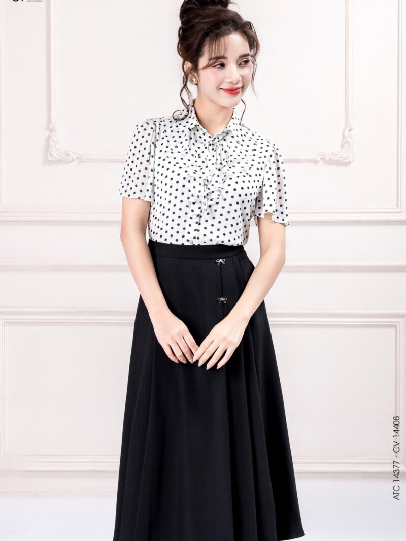 Áo tay cộc cổ nơ phối bèo 25S52ATC14377-1