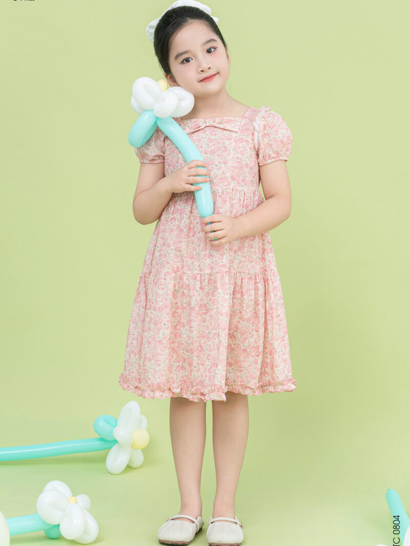 Váy bé gái kiểu tay cộc cổ vuông chất liệu thô hàn 25S11BĐTC0804-1