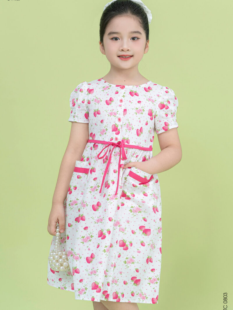 Váy tay cộc cho bé gái họa tiết hoa phối nơ chất liệu thô hàn 25S17BĐTC0803-1